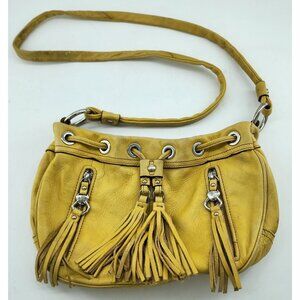 B Makowsky Crossbody Bag Purse Metal Hardware Fringe Tassel Yellow Leather
